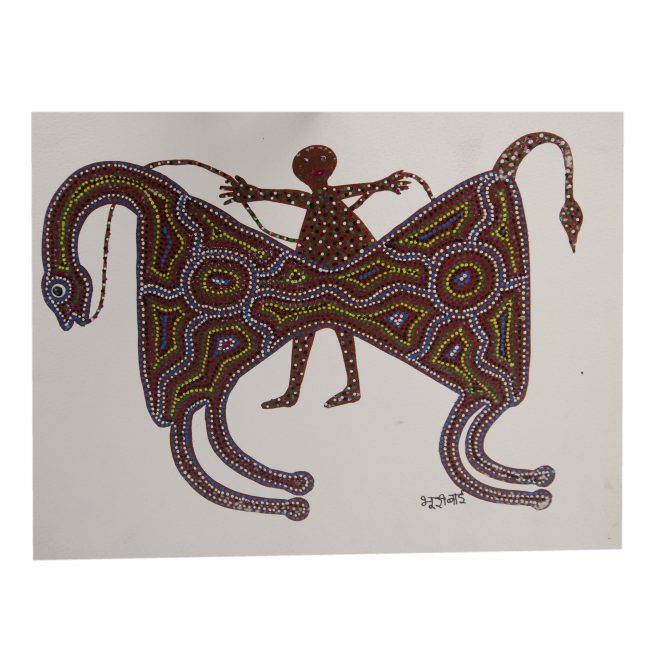 Bhil Maroon, White & Yellow Paper Painting