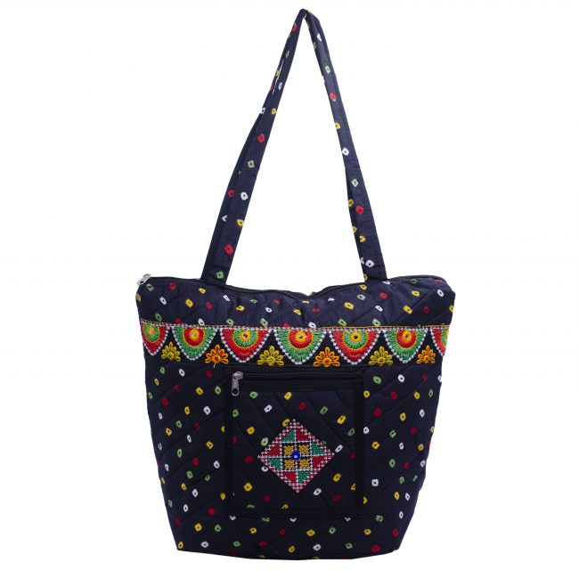 Handmade Cotton Black Medium Sized Bandhani Handbag