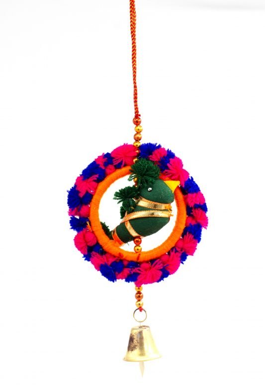 Hand Crafted Blue & Pink Color Cotton, Thread, Beeds, Foam & Metal Hanging Bangdi Fumka
