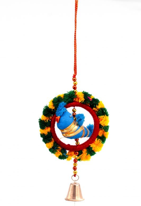 Hand Crafted Blue & Green Color Cotton, Thread, Beeds, Foam & Metal Hanging Bangdi Fumka
