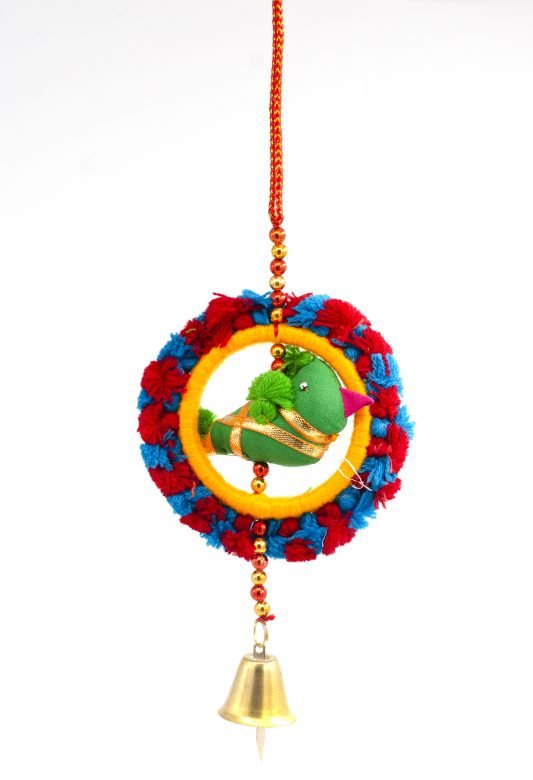 Hand Crafted Red & Blue Color Cotton, Thread, Beeds, Foam & Metal Hanging Bangdi Fumka