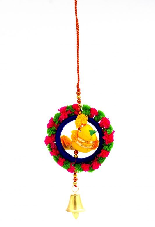Hand Crafted Pink & Green Color Cotton, Thread, Beeds, Foam & Metal Hanging Bangdi Fumka