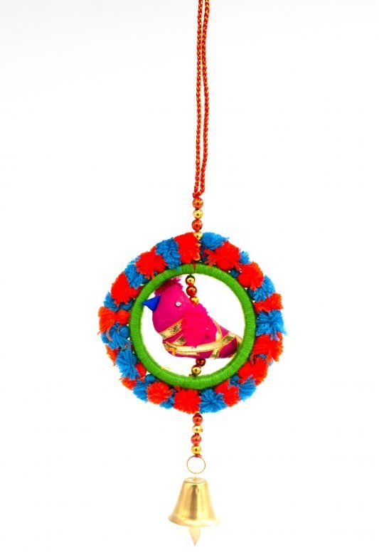 Hand Crafted Red & Blue Color Cotton, Thread, Beeds, Foam & Metal Hanging Bangdi Fumka