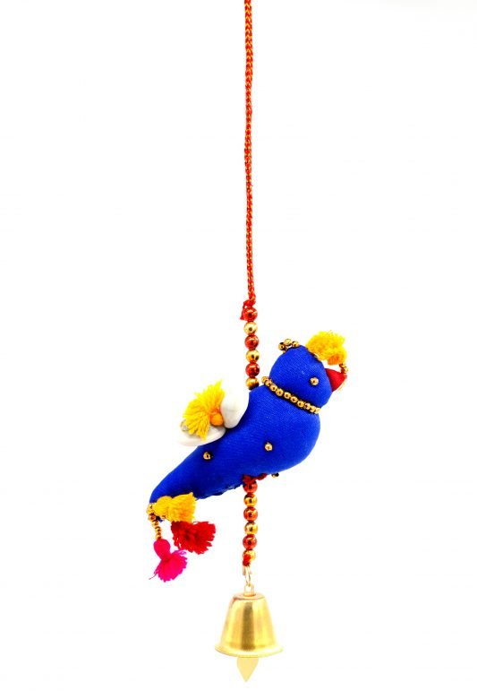 Hand Crafted Blue & Yellow Color Cotton, Foam, Beeds, Thread & Metal Hanging Singal Parrot Fumka Kodi