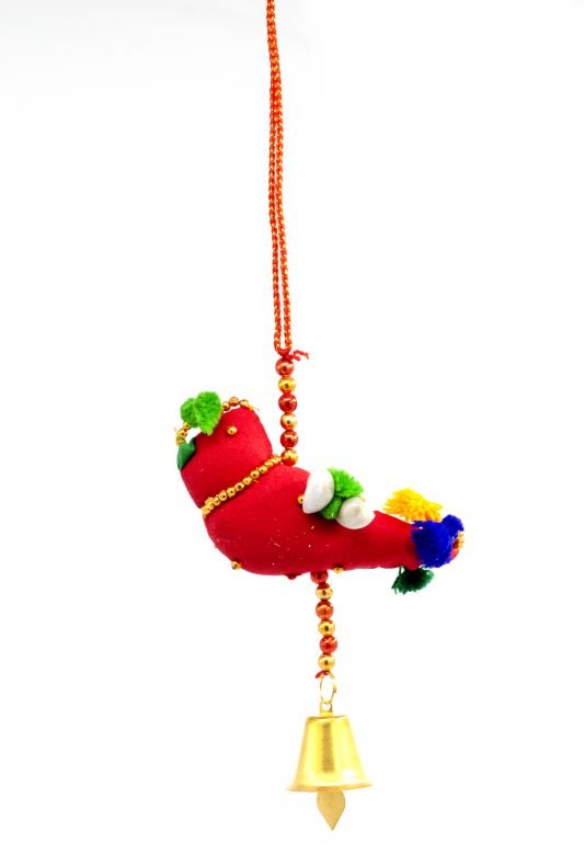 Hand Crafted Red & Green Color Cotton, Foam, Beeds, Thread & Metal Hanging Singal Parrot Fumka Kodi