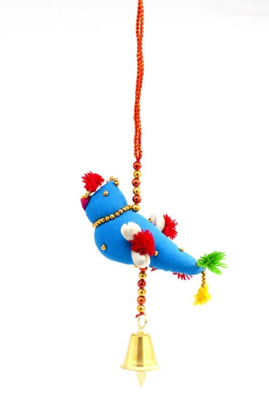 Hand Crafted Blue & Red Color Cotton, Foam, Beeds, Thread & Metal Hanging Singal Parrot Fumka Kodi