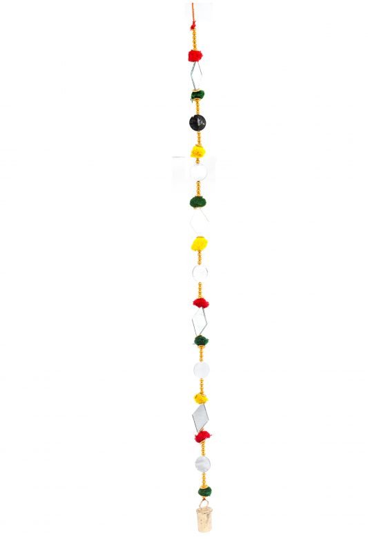 Hand Crafted Red & Yellow Color Cotton Thread, Glass, Beeds & Metal Hanging Sakar Para Round Mirror Line