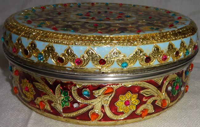 Small Size Stainless Steel Multicolor Meenakari Work Pooja Box