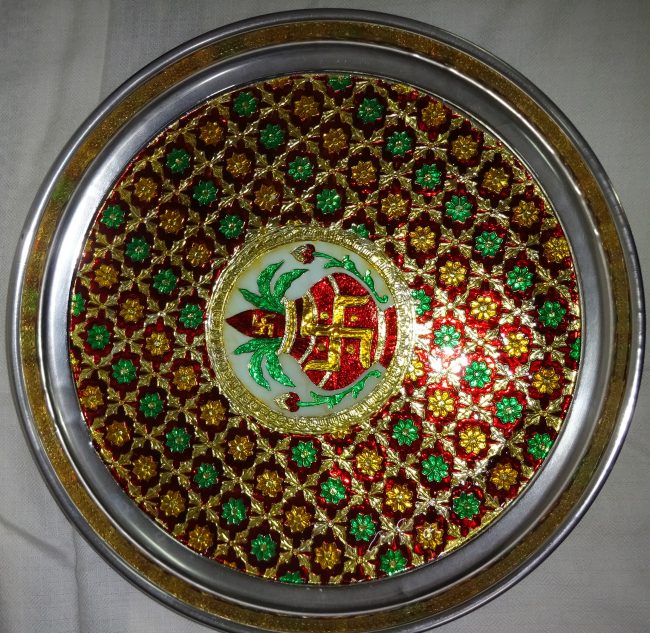 Stainless Steel Multicolor Meenakari Work Pooja Thali