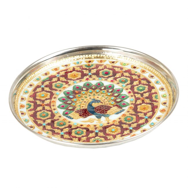Stainless Steel Multicolor 9 inch Meenakari Work Pooja Thali