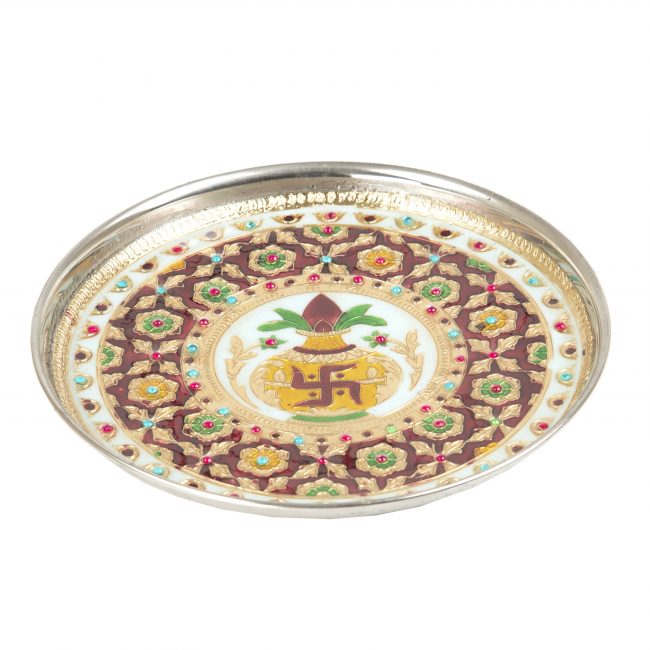 Stainless Steel Multicolor 9 inch Meenakari Work Pooja Thali