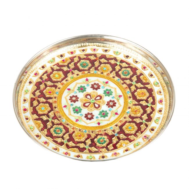 Stainless Steel Multicolor 9 inch Meenakari Work Pooja Thali