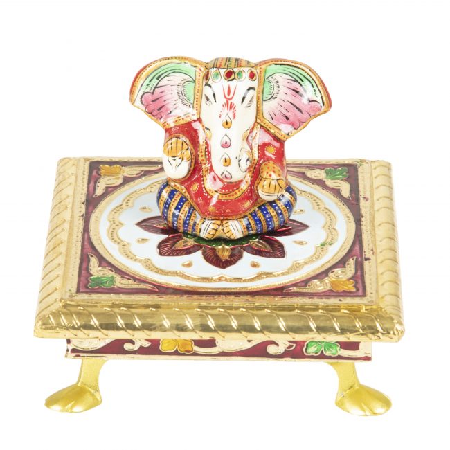 Wood and Cardboard Meenakari Work Pooja Chowki with Ganesh Statue