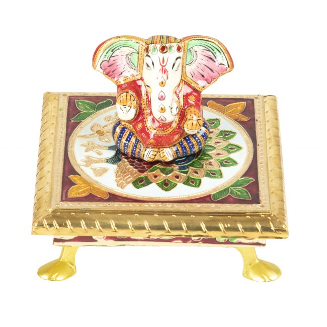 Wood and Cardboard Meenakari Work Pooja Chowki with Ganesh Statue