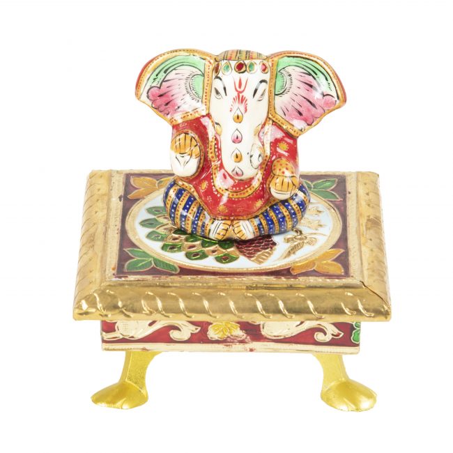 Wood and Cardboard Meenakari Work Pooja Chowki with Ganesh Statue