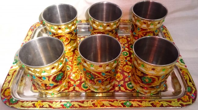 Stainless Steel Multicolor Meenakari Work 6 Pieces Glass Set with 1 Tray