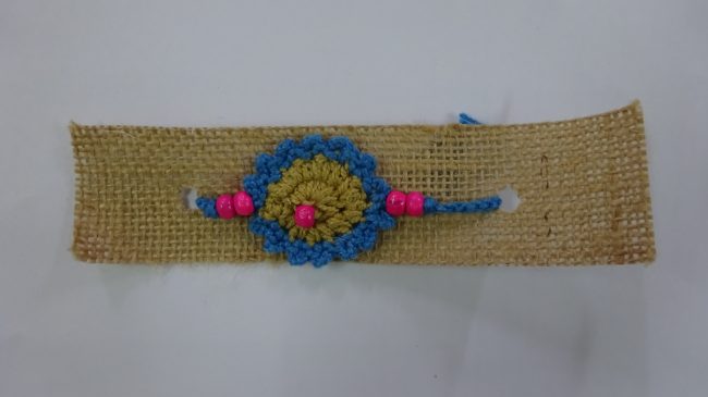 Blue, Grey & Pink Wool Thread & Beads Eco Friendly Rakhi