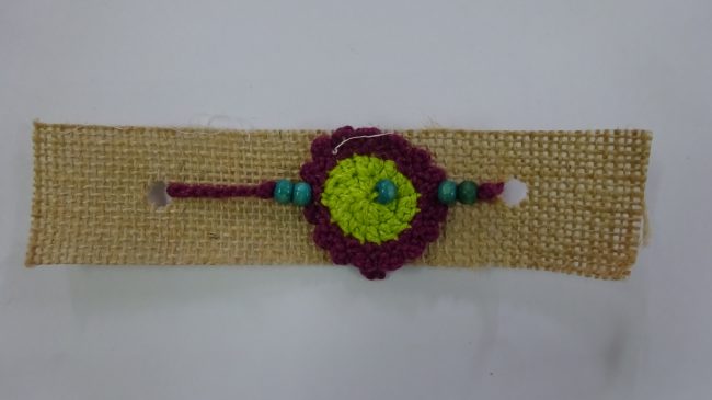 Purple, Green & Peacock Green Wool Thread & Beads Eco Friendly Rakhi