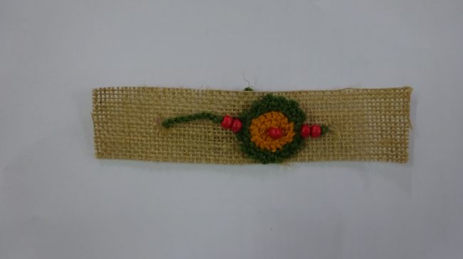 Green, Brown & Dark Pink Wool Thread & Beads Eco Friendly Rakhi