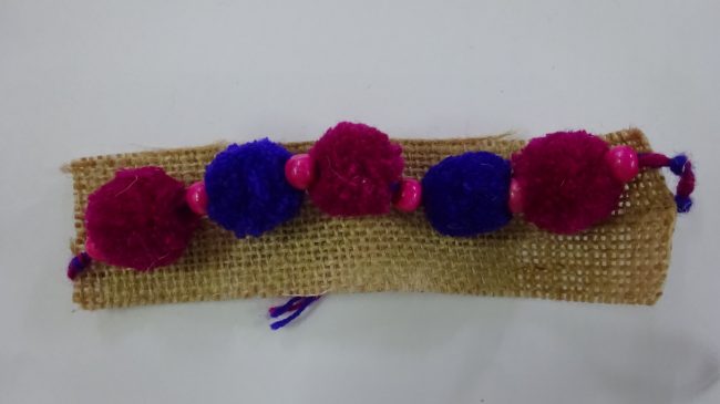 Blue & Dark Pink Wool Thread & Beads Eco Friendly Rakhi