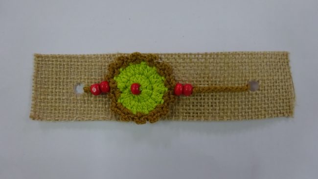 Green, Light Brown & Pink Wool Thread & Beads Eco Friendly Rakhi