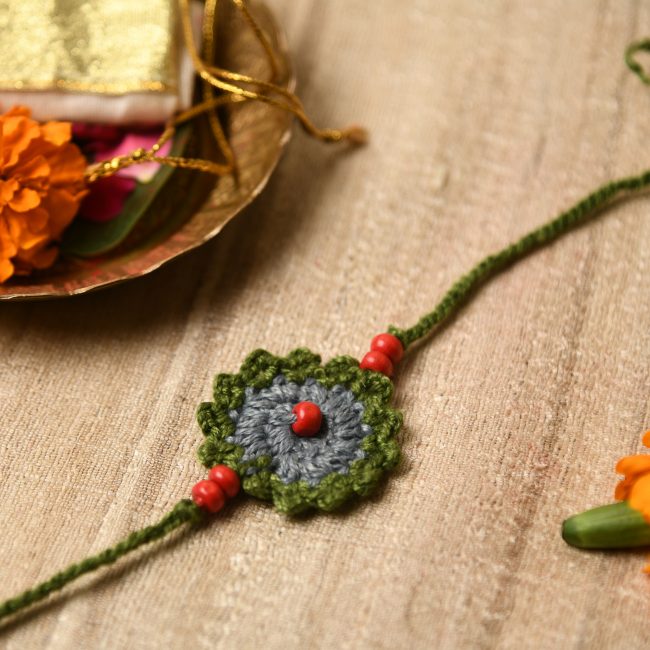 Green, Grey & Red Wool Thread & Beads Eco Friendly Rakhi