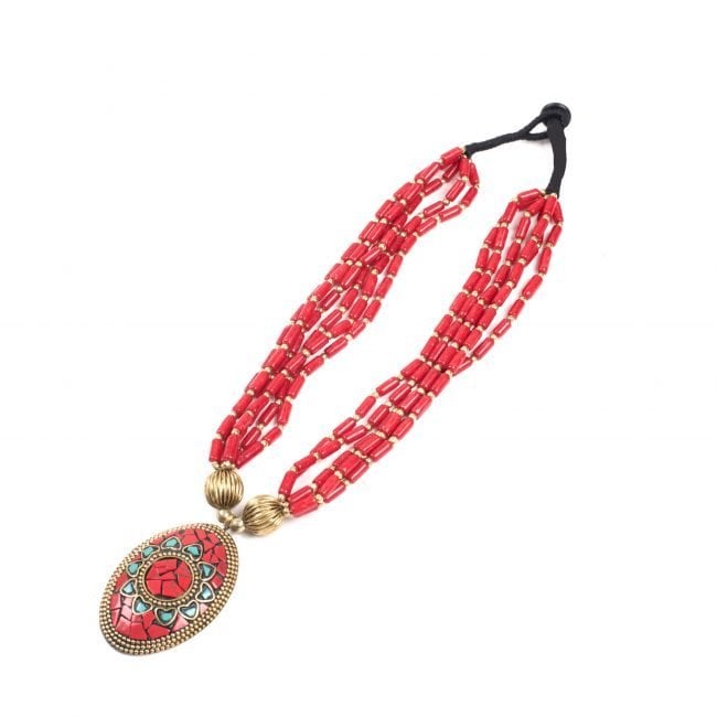 Hand Crafted Red  Munga Necklace with Metal Locket