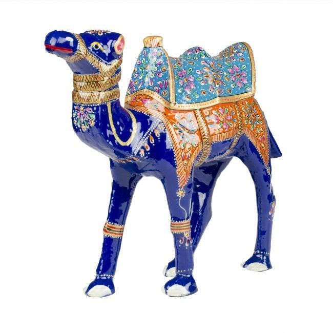 Handcrafted Metal Blue Kaanthidar Camel Statuette With Blue Seat