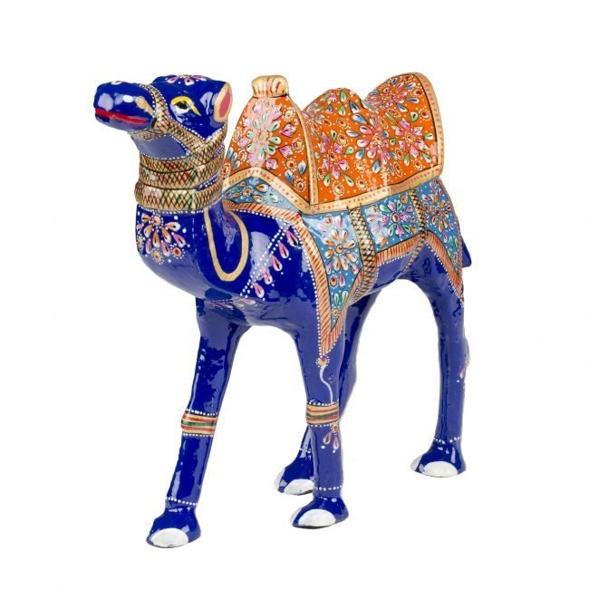 Handcrafted Metal Blue Kaanthidar Camel Statuette With Orange Seat
