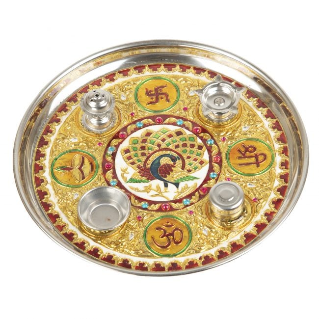 Tribes India Handmade Meenakari Work on Pooja Thali Peacock{1SGAKTCRJ00214_0}