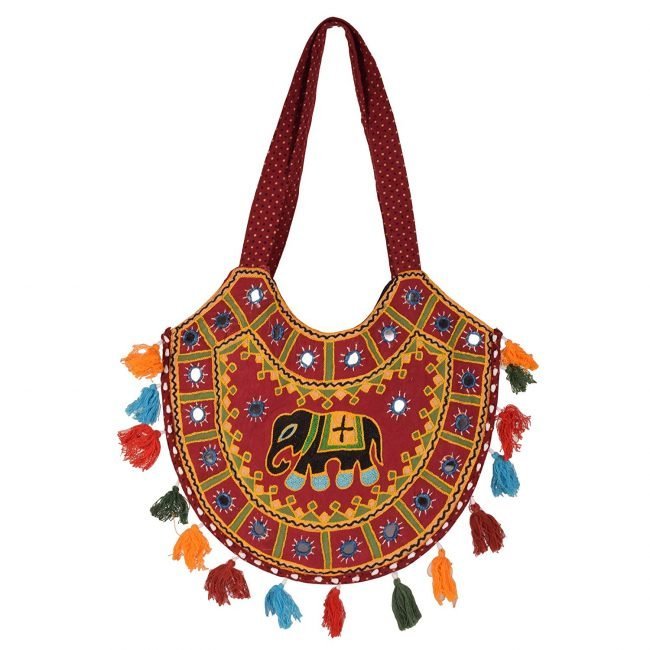 Rajasthani Tribal Handmade Purple Cotton With Embroided Resham Dori Shoulder U-Shaped Handbag (Babal Resham Elephant) {1STXBAGRJ00104_2}