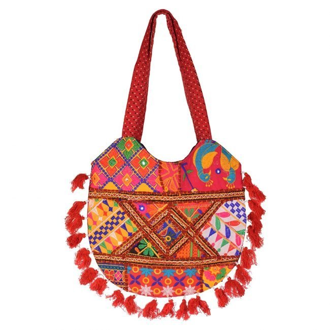 Rajasthani Tribal Handmade Red Cotton With Embroided Resham Dori Shoulder U-Shaped Handbag