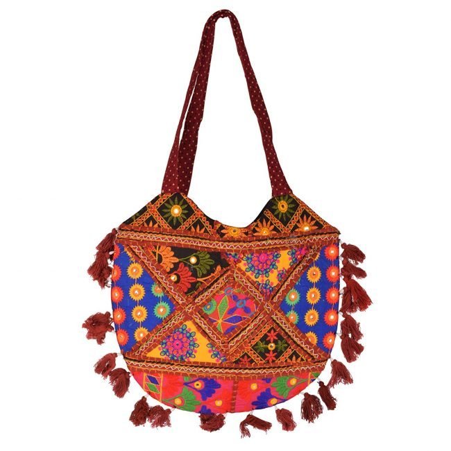Rajasthani Tribal Handmade Maroon Cotton With Embroided Resham Dori Shoulder U-Shaped Handbag