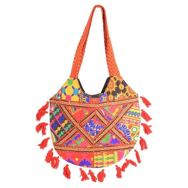 Rajasthani Tribal Handmade Orange Cotton With Embroided Resham Dori Shoulder U-Shaped Handbag