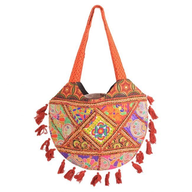 Rajasthani Tribal Handmade Orange Cotton With Embroided Resham Dori Shoulder U-Shaped Handbag