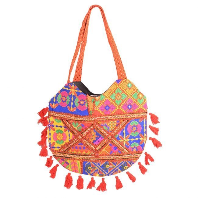 Rajasthani Tribal Handmade Orange Cotton With Embroided Resham Dori Shoulder U-Shaped Handbag