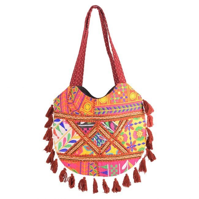 Rajasthani Tribal Handmade Maroon Cotton With Embroided Resham Dori Shoulder U-Shaped Handbag