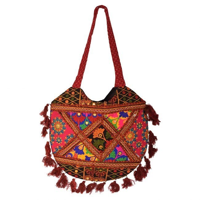 Rajasthani Tribal Handmade Red Cotton With Embroided Resham Dori Shoulder U-Shaped Handbag