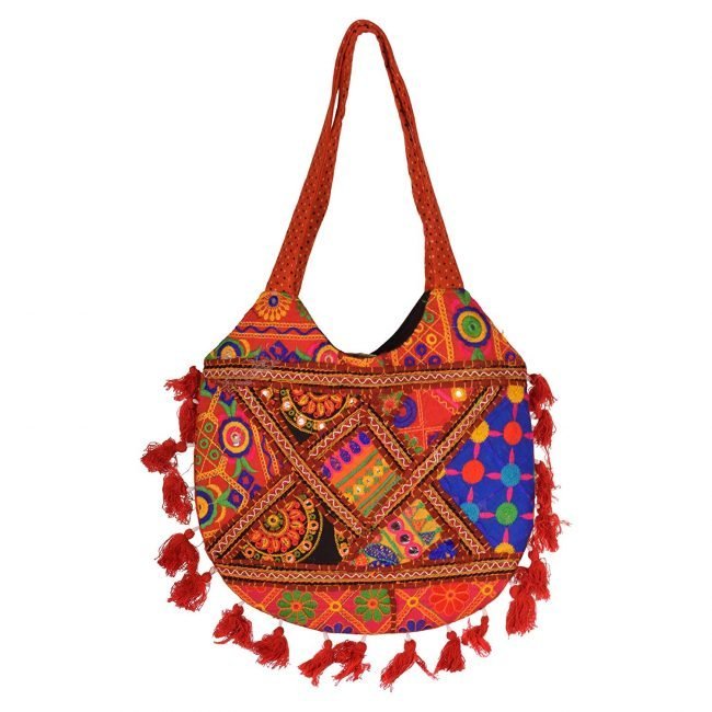 Rajasthani Tribal Handmade Orange Cotton With Embroided Resham Dori Shoulder U-Shaped Handbag
