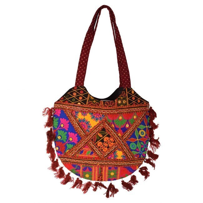 Rajasthani Tribal Handmade Maroon Cotton With Embroided Resham Dori Shoulder U-Shaped Handbag
