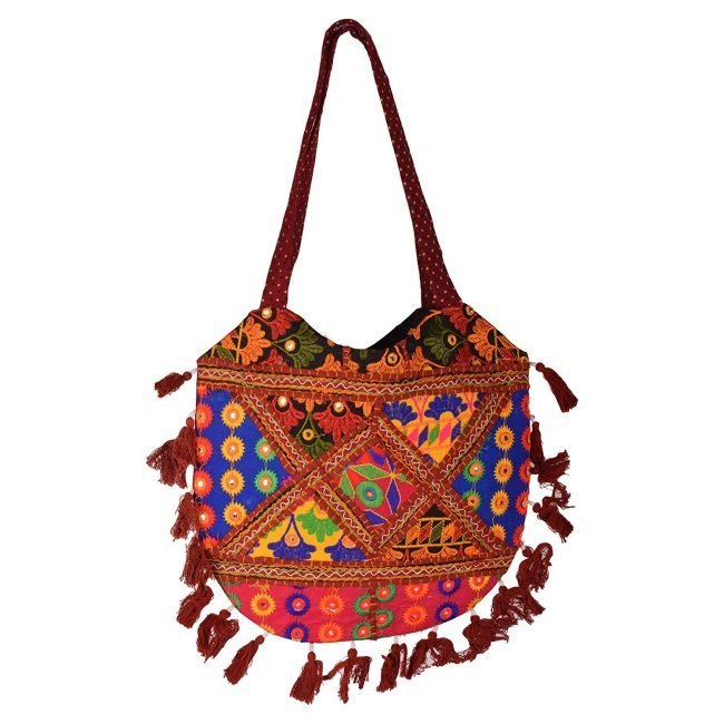Rajasthani Tribal Handmade Maroon Cotton With Embroided Resham Dori Shoulder U-Shaped Handbag