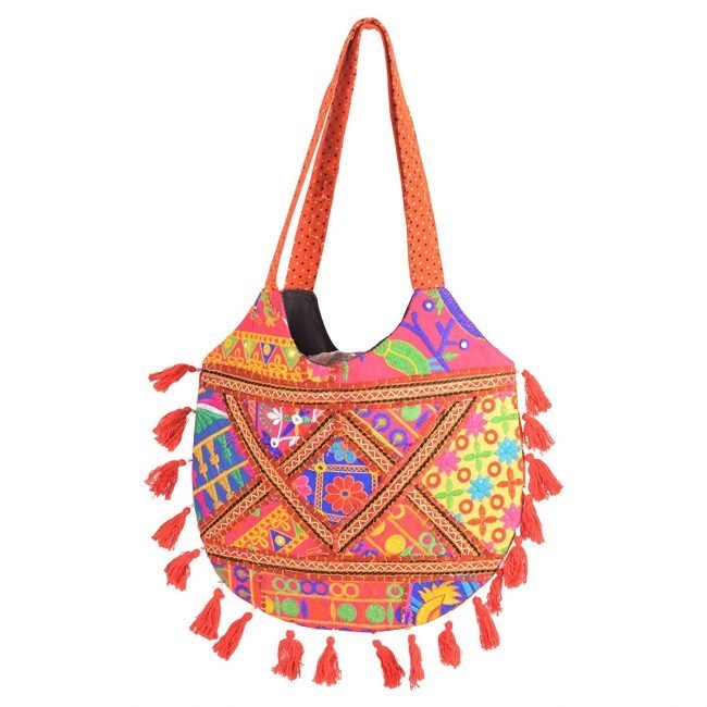 Rajasthani Tribal Handmade Orange Cotton With Embroided Resham Dori Shoulder U-Shaped Handbag