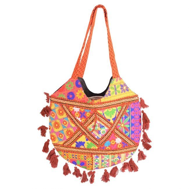 Rajasthani Tribal Handmade Orange Cotton With Embroided Resham Dori Shoulder U-Shaped Handbag