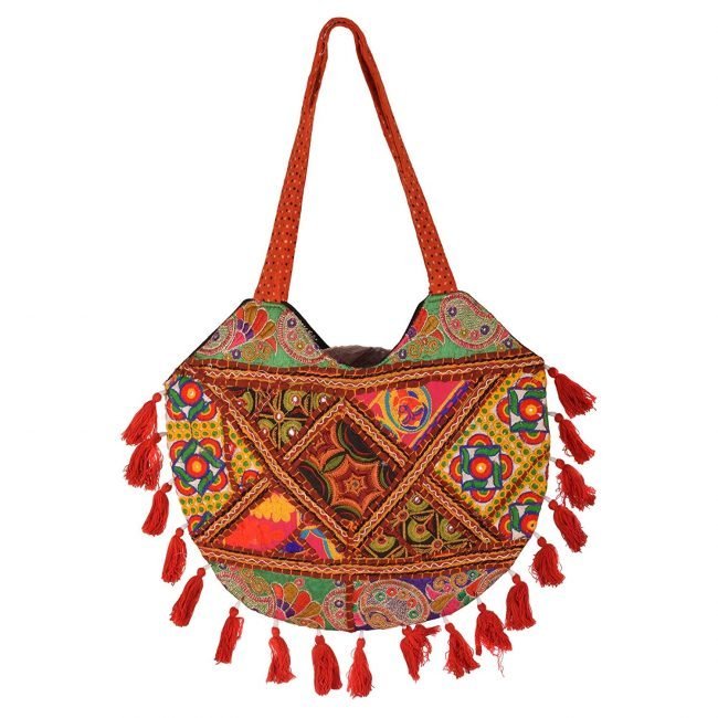 Rajasthani Tribal Handmade Orange Cotton With Embroided Resham Dori Shoulder U-Shaped Handbag