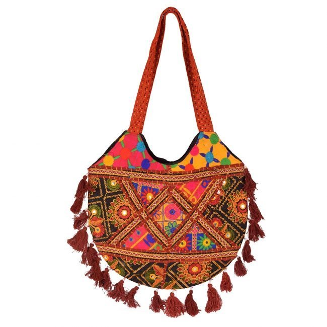 Rajasthani Tribal Handmade Red Cotton With Embroided Resham Dori Shoulder U-Shaped Handbag
