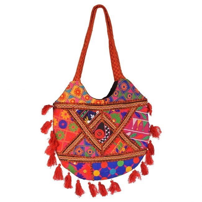 Rajasthani Tribal Handmade Orange Cotton With Embroided Resham Dori Shoulder U-Shaped Handbag
