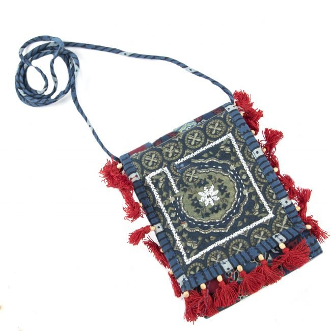 3 Fold Vegetable Print Multicolor Cotton, Beads & Thread Bag