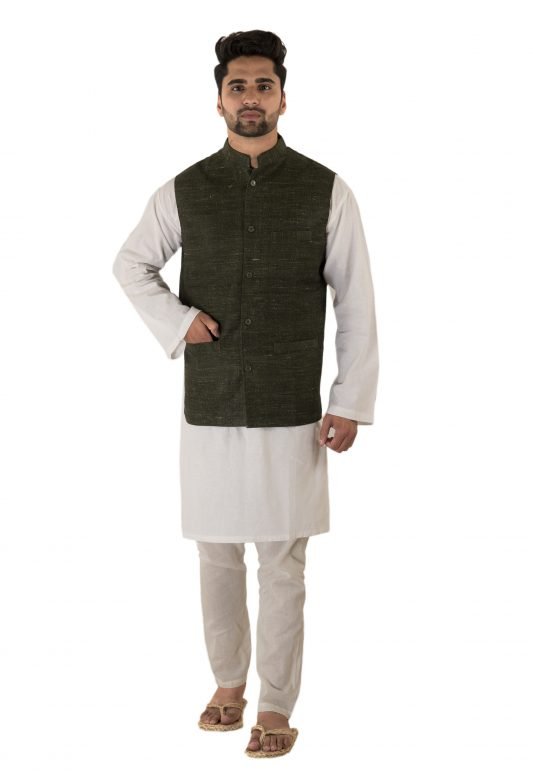 Mens Green Cotton & Wool Sleeveless Nehru Jacket
