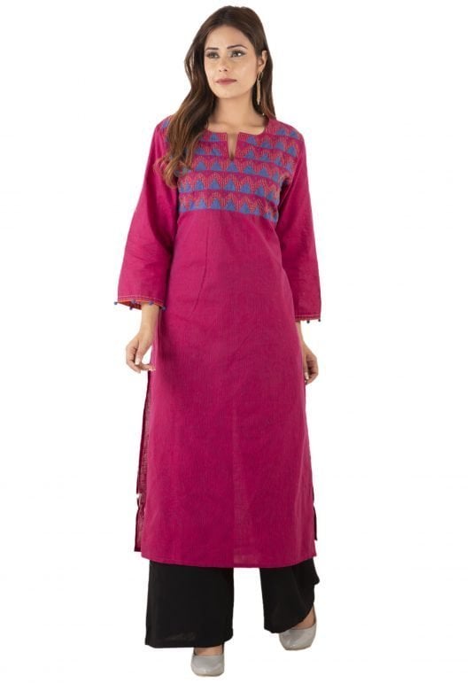 Cotton Slit Pink Kurta - L
