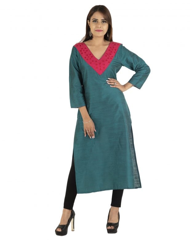 Peacock Blue Front Panel Long Silk Kurta - 42